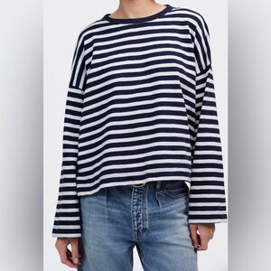 MADEWELL EASY STRIPE LONG SLEEVE TOP, NAVY BLUE & WHITE, SIZE L.